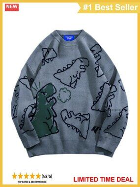 Oversized Knit Sweater Graphic Dinosaur Pullover Crew Neck Loose Fit